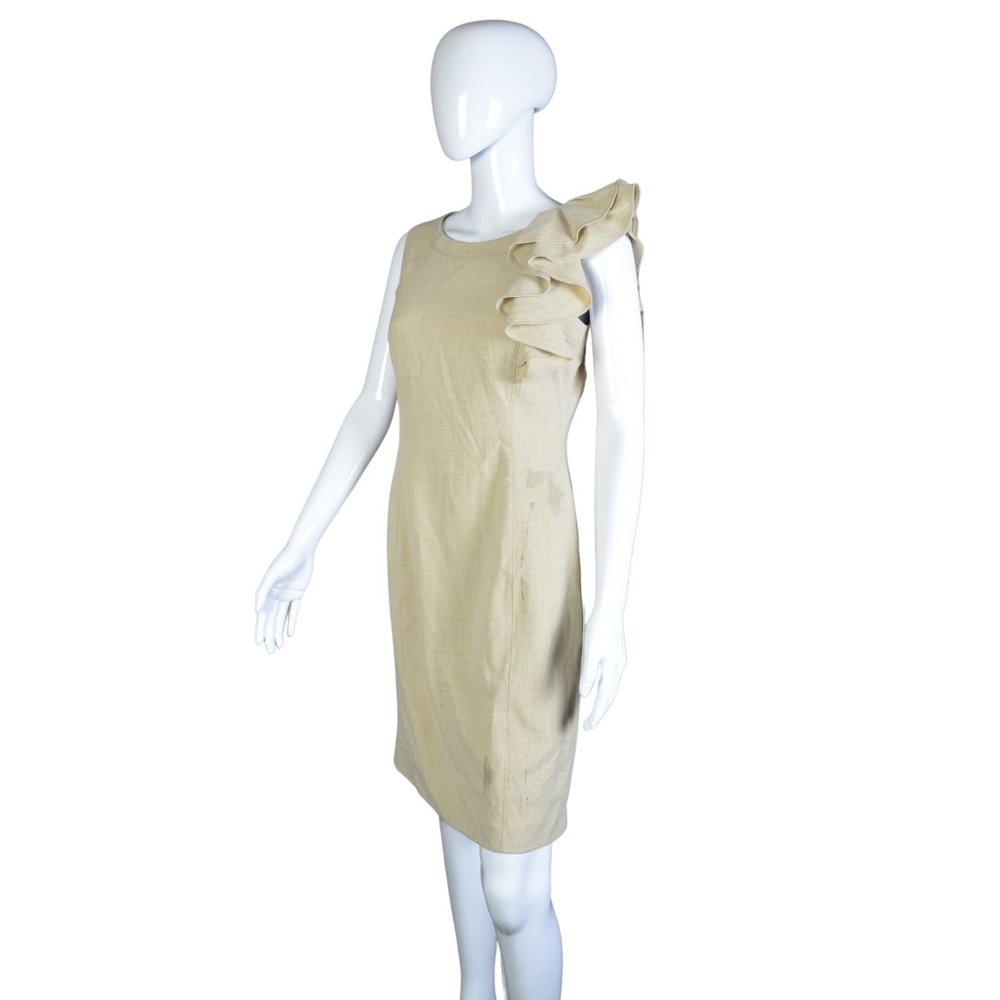 Calvin Klein Tan Sheath Dress with Shoulder Ruffle - Size 4